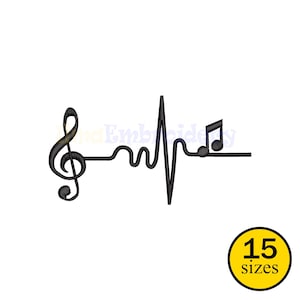 Op de afbeelding: Zwart muzikaal ontwerp met een G-sleutel, een hartslaglijn en een muzieknoot op een witte achtergrond. Een gele cirkel met de tekst "15 maten" staat rechtsonder.