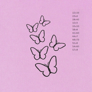 May include: Black outline butterfly designs in various sizes are arranged on a light pink background. The sizes range from 2.2 x 3.5 inches to 5.7 x 9 inches. The image has a textured appearance.