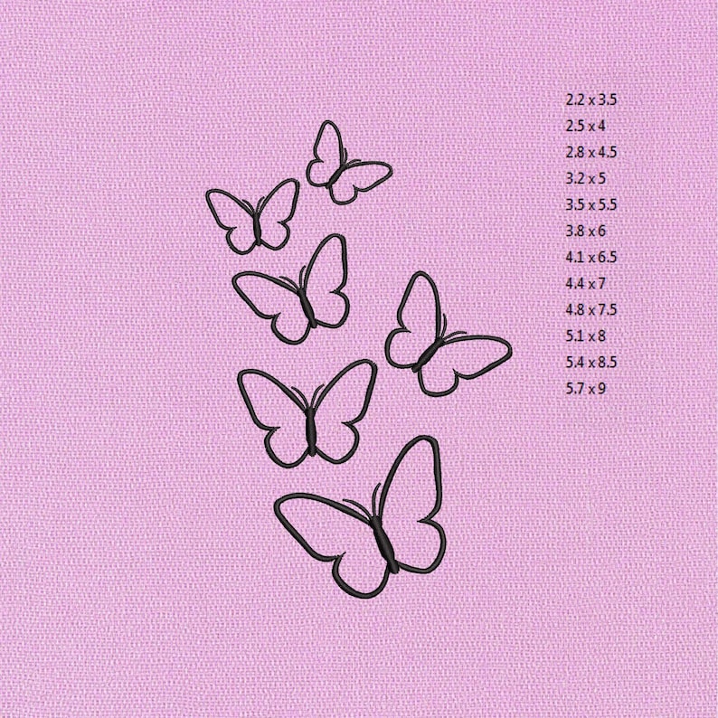 May include: Black outline butterfly designs in various sizes are arranged on a light pink background. The sizes range from 2.2 x 3.5 inches to 5.7 x 9 inches. The image has a textured appearance.