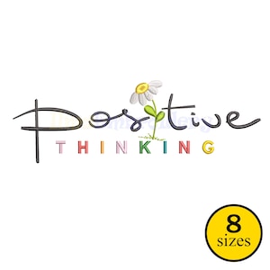 以下が含まれることがあります： 白い背景に、気まぐれな筆記体で「Positive Thinking」の文字と、デイジーのグラフィックが描かれています。「thinking」の文字はカラフルなブロック体です。右下には数字「8」と「sizes」の文字が入った黄色の円があります。