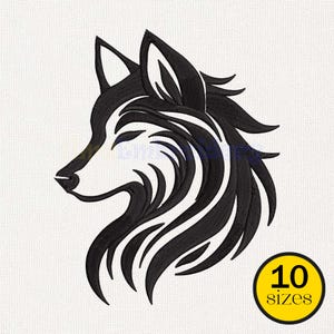 May include: Black and white embroidered wolf head design. The wolf is in profile, with detailed fur patterns. A yellow circle with the text "10 sizes" is in the lower right corner. The design is on a white background.