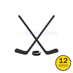 May include: Black hockey sticks crossed over a black and white hockey puck. The image includes a yellow circle with the text "12 sizes". The image is on a white background.
