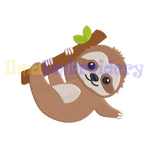 May include: A brown sloth with a white belly hanging from a branch with green leaves. The sloth has a cute face with big eyes and a small mouth.