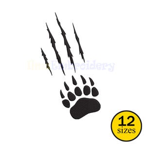 May include: Black bear claw marks and paw print embroidery design. The design features a black bear paw print with claw marks. A yellow circle with the text "12 sizes" is in the lower right corner.