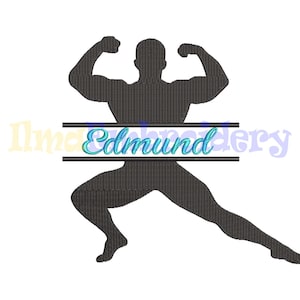 May include: A black silhouette of a person flexing their muscles with the name "Edmund" in a blue and green font across the middle.