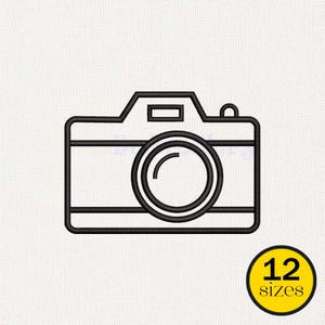 May include: Black line art illustration of a camera with a lens and viewfinder. The camera is outlined in black on a white background. A yellow circle with the text "12 sizes" is in the lower right corner.