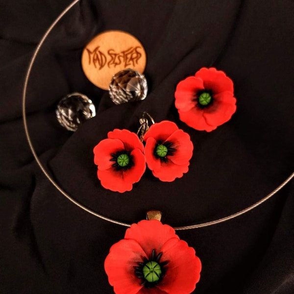 Poppy Polymer Clay Jewelry Set: Necklace, Adjustable Ring, Dangle Earrings. Stainless Steel