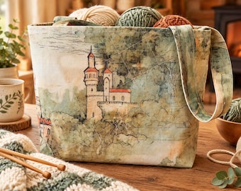 May include: A rectangular fabric tote bag featuring a watercolor-style illustration of a castle with red-roofed towers set against a muted green and beige landscape. The bag has a wide shoulder strap and contains several balls of yarn.