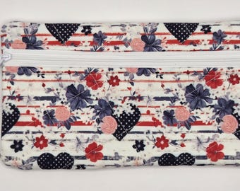 Handcrafted Cross Stitch Zipper Pouch - Quilted Cosmetic Notions Bag - 5 1/4"x9"