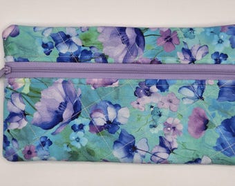 Handcrafted Cross Stitch Zipper Pouch - Quilted Cosmetic Notions Bag - 5 1/4"x9"