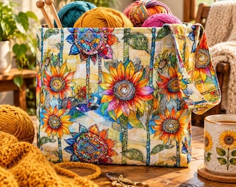 May include: A fabric tote bag featuring a vibrant sunflower print with stained glass style patterns in yellow, orange, and blue. The bag is filled with colorful yarn balls and wooden knitting needles, sitting on a wooden surface.