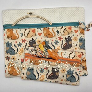 Quilted Cross Stitch Project Bag | 11" x 13" – Zippered Bag Happy Cats image 5