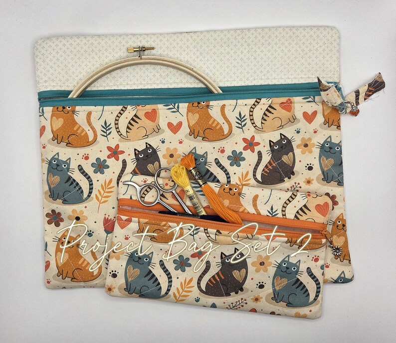Quilted Cross Stitch Project Bag | 11" x 13" – Zippered Bag Happy Cats image 5