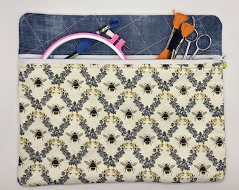 Quilted Cross Stitch Project Bag | 11" x13" - Zippered Bag Organizer