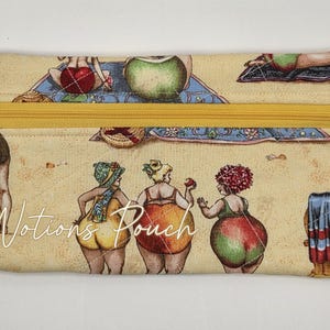May include: A rectangular fabric pouch with a yellow zipper and a turtle charm. The pouch features a beige background with a repeating print of people in swimwear on a beach. The text "Notions Pouch" is printed in white across the center of the bag.