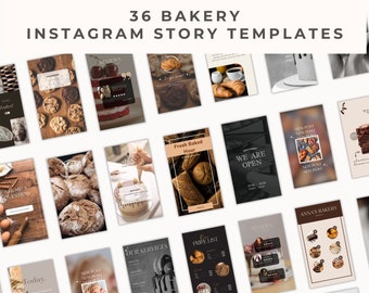 Könnte beinhalten: 36 Instagram-Story-Vorlagen für Bäckereien. Die Vorlagen bieten eine Vielzahl von Designs, darunter Bilder von Backwaren, Textüberlagerungen und Grafiken. Einige der Vorlagen enthalten Text wie "Neuer Beitrag", "Frisch gebackene Stunde", "Wir sind geöffnet", "Unsere Dienstleistungen", "Preisliste", "Bewertungen", "Treffen Sie das Team" und "Heute".