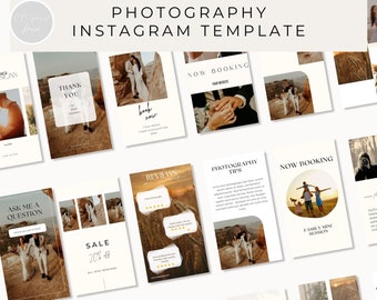 May include: A collection of Instagram post templates for photographers. The templates feature a variety of designs, including text overlays, images, and graphics. The templates are designed to help photographers promote their business and connect with their audience.
