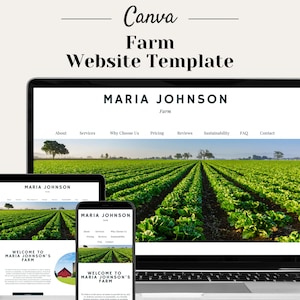 Może przedstawiać: Szablon strony internetowej dla gospodarstwa rolnego, z zielonym polem upraw, laptopem, tabletem i smartfonem. Strona internetowa nosi tytuł "Maria Johnson Farm" i zawiera linki do sekcji "O nas", "Usługi", "Dlaczego warto nas wybrać", "Cennik", "Opinie", "Zrównoważony rozwój", "FAQ" i "Kontakt".