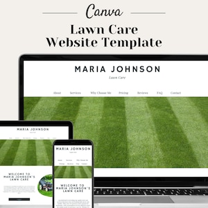Puede incluir: Una maqueta de un sitio web para un negocio de cuidado de c&eacute;sped llamado "Maria Johnson Lawn Care". El sitio web se muestra en una computadora port&aacute;til, una tableta y un tel&eacute;fono inteligente. El sitio web tiene un fondo verde con un gr&aacute;fico de cortac&eacute;sped y el texto "Bienvenido a Maria Johnson's Lawn Care".