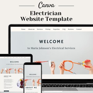 Puede incluir: Una plantilla de sitio web para electricistas, con un mensaje de bienvenida y una llamada a la acción para obtener más información sobre los servicios eléctricos de Maria Johnson. El diseño del sitio web incluye un encabezado con enlaces de navegación, una imagen de héroe con un mensaje de bienvenida y una sección con un botón "Acerca de mí".