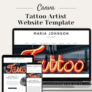 May include: A website template for tattoo artists, featuring a red neon sign that says "Tattoo" and a laptop, tablet, and phone displaying the website design. The website design includes a header with the name "Maria Johnson Tattoo Studio" and navigation links for "About", "Services", "Why Choose Me", "Pricing", "Reviews", "FAQ", and "Contact".