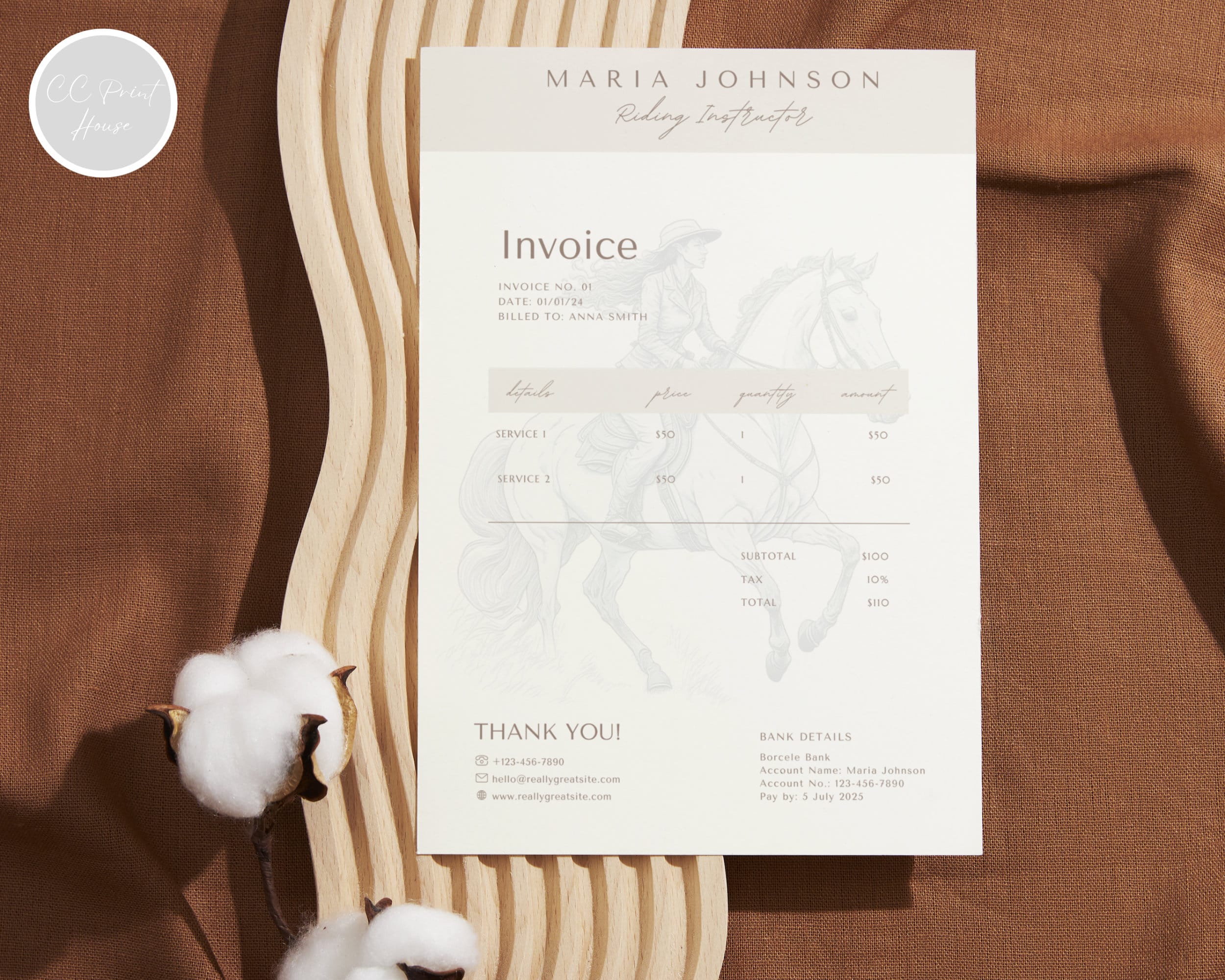 Riding Instructor Invoice Template Horse Trainer Editable Template