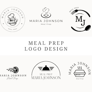 Puede incluir: Una colección de diseños de logo para un negocio de preparación de comidas llamado "Maria Johnson Meal Prep". Los logotipos presentan varios iconos relacionados con la comida, como un gorro de cocinero, un plato, un tenedor y una cuchara.