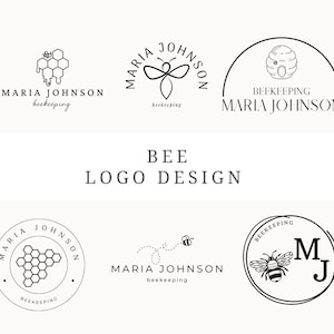 以下が含まれることがあります： 「Maria Johnson Beekeeping」という名前のビジネスのための、ミツバチをテーマにしたロゴデザインのコレクションです。ロゴには、ミツバチ、ハニカム、そして「Beekeeping」というテキストが描かれています。