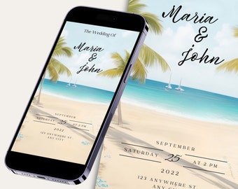 May include: A wedding invitation on a smartphone screen with a beach background. The invitation reads "The Wedding Of Maria & John" with the date and time "September 25, 2022 at 2 PM" and the location "123 Anywhere St., Any City".