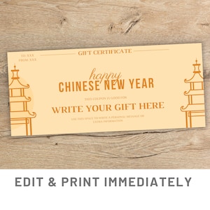 Modèle de coupon personnalisé pour carte de Nouvel An chinois Nouvel An lunaire Cadeau de dernière minute pour carte de vœux Canva