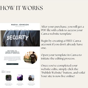 May include: A website mockup for Maria Johnson's Security Services. The website features a professional design with a black and white colour scheme. The text "SECURITY" is prominently displayed in a large font. The website also includes a section titled "What I Offer" with images of security guards.