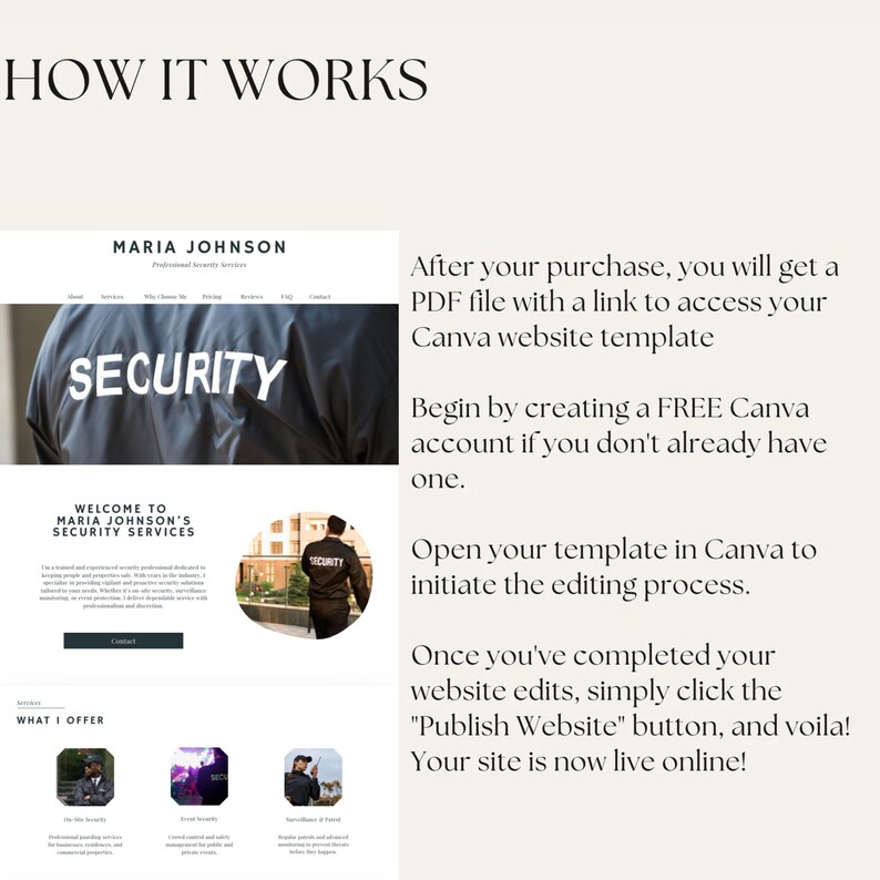 May include: A website mockup for Maria Johnson's Security Services. The website features a professional design with a black and white colour scheme. The text "SECURITY" is prominently displayed in a large font. The website also includes a section titled "What I Offer" with images of security guards.