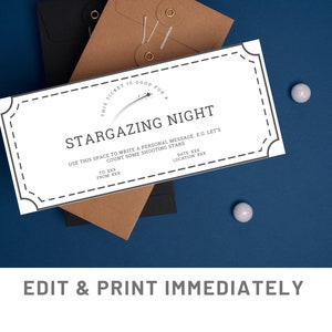 Sterrenkijken Coupon Bewerkbare cadeaubon sjabloon Canva Night Sky Watching Voucher Cadeau Afdrukbare coupon Sterrenkijken Aangepaste Last Minute Cadeau