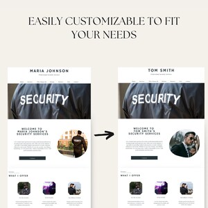 May include: Two website mockups for security services. The left mockup features the name "Maria Johnson" and the right mockup features the name "Tom Smith". Both mockups feature the word "Security" in large white letters on a dark grey background. Both mockups have a similar layout with a welcome message, a description of the services, and a section titled "What I Offer".