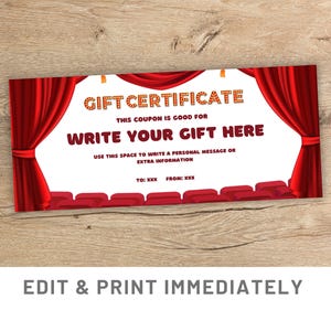 Theater Gift Coupon Editable Gift Coupon Template Canva Theatre Gift Certificate Cinema Birthday Gift Opera Ticket Custom Theater Voucher