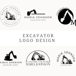 May include: Four different logo designs for an excavator business. The logos feature a black and white illustration of an excavator with the text "MARIA JOHNSON" and "CONSTRUCTOR WORK".