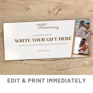 Cupón de regalo de aniversario Plantilla Canva imprimible Tarjeta de regalo de aniversario personalizada Cupón de amor Novio Sorpresa Novia Regalo de último minuto