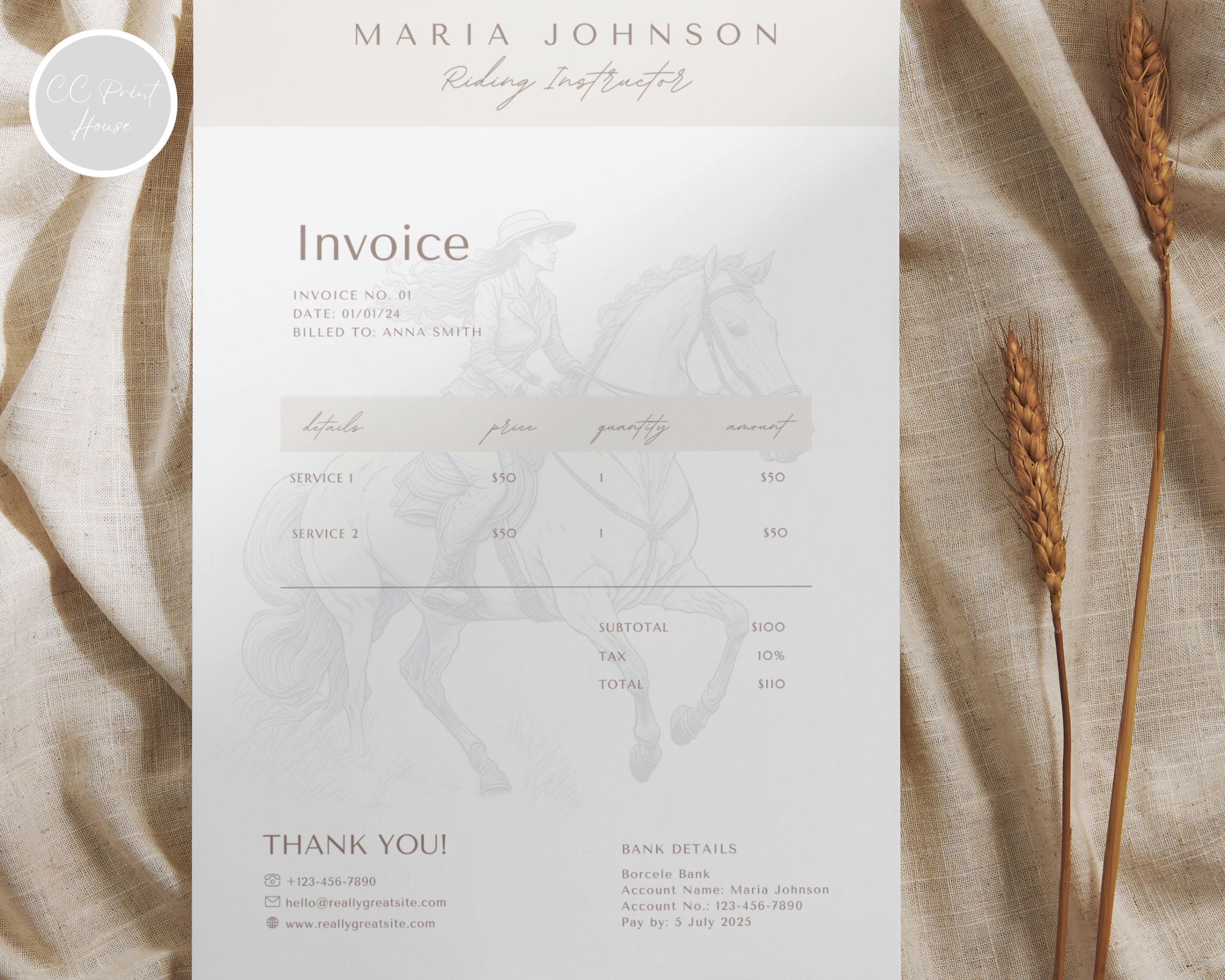 Riding Instructor Invoice Template Horse Trainer Editable Template