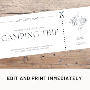 Modèle de coupon-cadeau modifiable pour un voyage en camping Modèle de chèque-cadeau pour un bon de camping Canva Coupon de camping imprimable Bon d'achat personnalisé