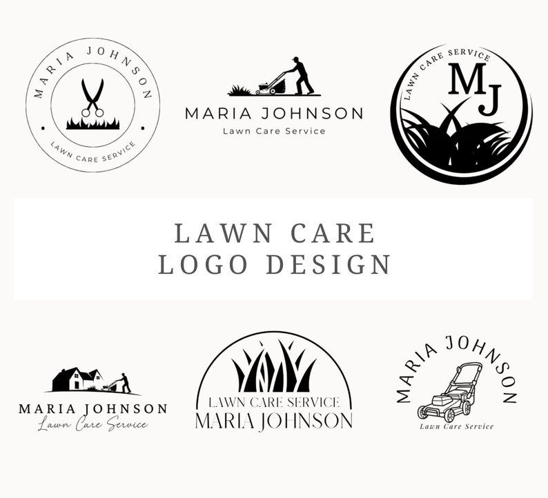 Może przedstawiać: Kolekcja czarno-białych projekt&oacute;w logo dla usługi pielęgnacji trawnik&oacute;w o nazwie "Maria Johnson Lawn Care Service". Logotypy przedstawiają r&oacute;żne obrazy związane z pielęgnacją trawnik&oacute;w, w tym kosiarkę do trawy, nożyczki i dom.