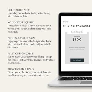 May include: A laptop computer screen displaying a website template with the text "Get Started Now" and "Pricing Packages". The website template is for a security company and offers a basic security package for &pound;100.