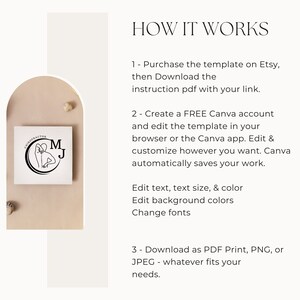 May include: A digital download for a Canva template for a chiropractor's logo. The logo features a stylised image of a person with the letters "M" and "J" on either side of the person. The text "HOW IT WORKS" is displayed above the logo. The text below the logo explains how to use the template.