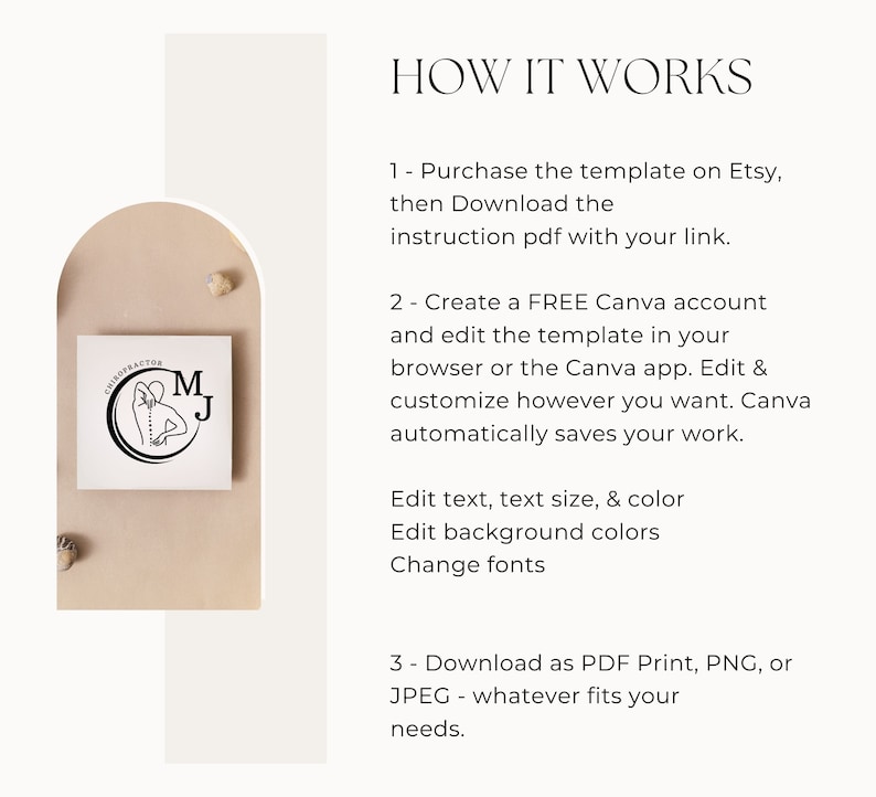 May include: A digital download for a Canva template for a chiropractor's logo. The logo features a stylised image of a person with the letters "M" and "J" on either side of the person. The text "HOW IT WORKS" is displayed above the logo. The text below the logo explains how to use the template.
