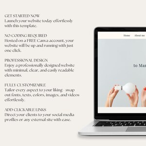 May include: A laptop computer displaying a website template with the text "Get Started Now" and "No Coding Required". The website template is designed for a business or personal website and features a light gray background with a white text overlay. The website template is fully customizable and includes clickable links.