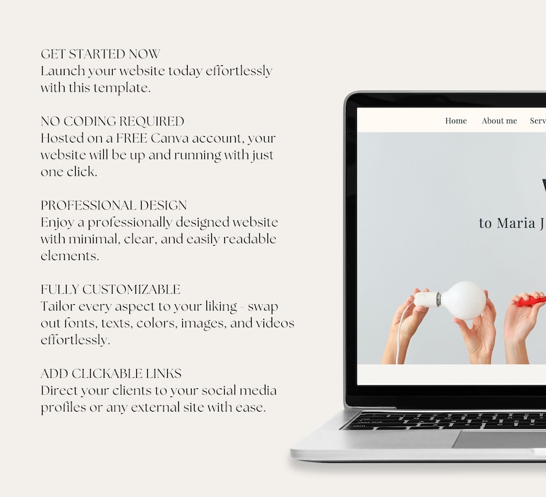 May include: A laptop computer displaying a website template with the text "Get Started Now" and "No Coding Required". The website template is designed for a business or personal website and features a light gray background with a white text overlay. The website template is fully customizable and includes clickable links.