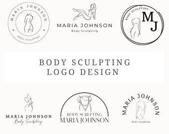 May include: Five different logo designs for a body sculpting business. The logos feature a stylized female figure and the text "MARIA JOHNSON Body Sculpting". One logo also includes the initials "MJ".