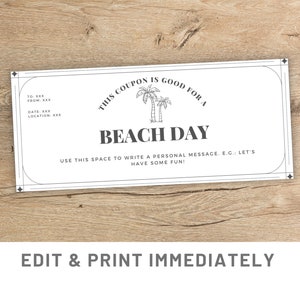 Beach Day Coupon Editable Gift Coupon Template Canva Beach Day Voucher Gift Certificate Printable Gift For Friend Custom Last Minute Gift