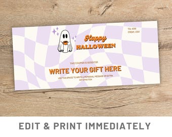 May include: A printable Halloween gift coupon with a purple and white chequered background. The coupon features a cartoon ghost holding a cup of coffee and the text "Happy Halloween". The coupon also includes the text "This coupon is good for Write your gift here" and a space to write a personal message.