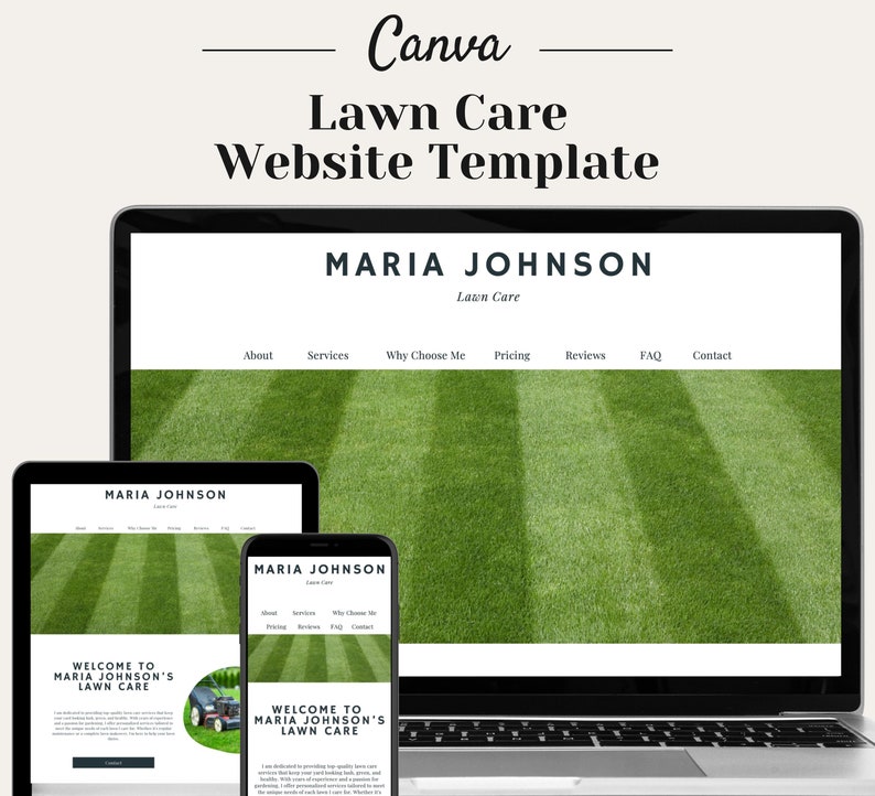 Puede incluir: Una maqueta de un sitio web para un negocio de cuidado de c&eacute;sped llamado "Maria Johnson Lawn Care". El sitio web se muestra en una computadora port&aacute;til, una tableta y un tel&eacute;fono inteligente. El sitio web tiene un fondo verde con un gr&aacute;fico de cortac&eacute;sped y el texto "Bienvenido a Maria Johnson's Lawn Care".