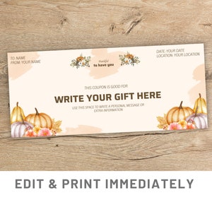Custom Thanksgiving Card Printable Gift Coupon Template Canva Autumn Voucher Gift Certificate Pumpkin Template Gift Coupon Custom Voucher